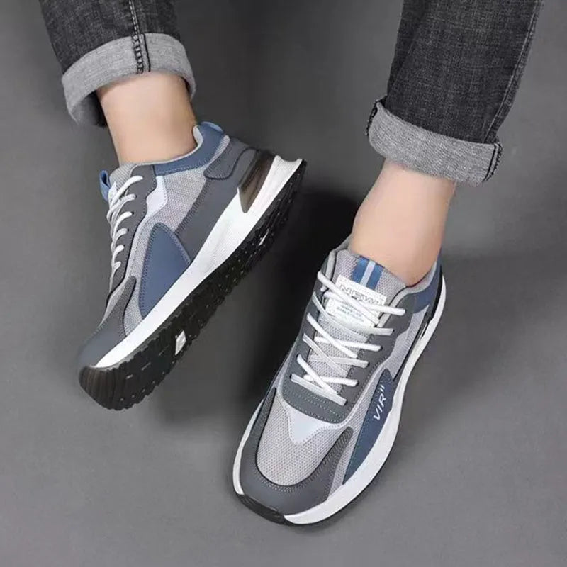 Men's colour block mesh lace-up running shoes in black, grey, or white with low-top round toe.