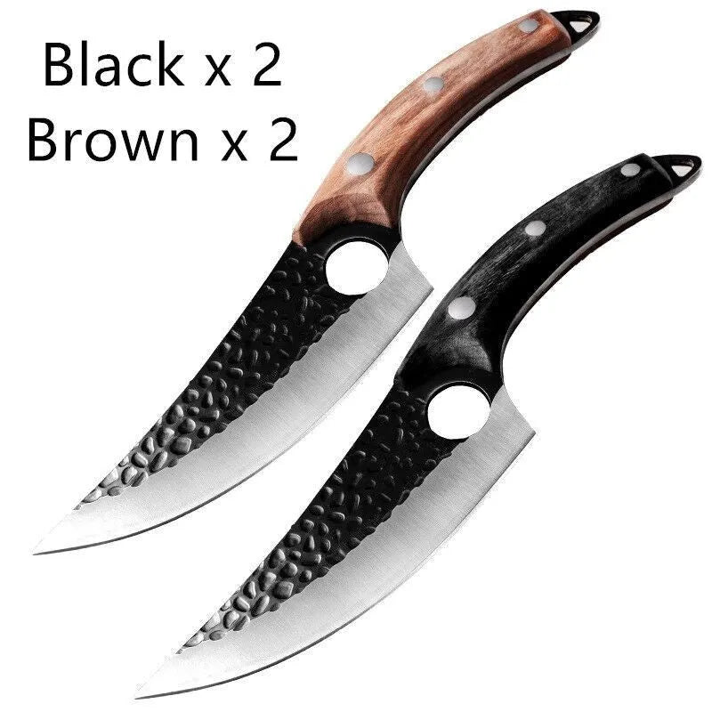 Slaughter cutting meat boning small scimitar knife with 5CrMoV15 high carbon steel hammer pattern blade and black handle, leather cover