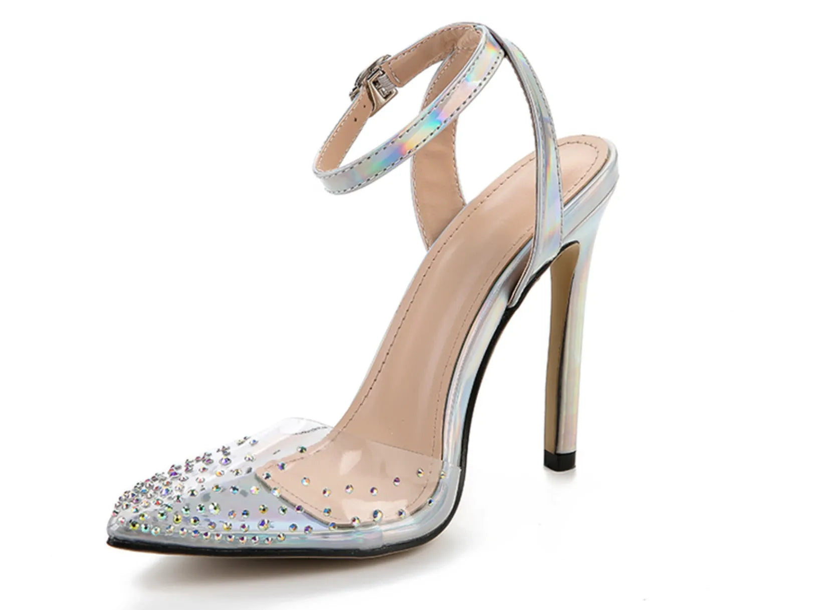 Women's pointed toe stiletto heel sandals with diamond decoration on the PVC upper.