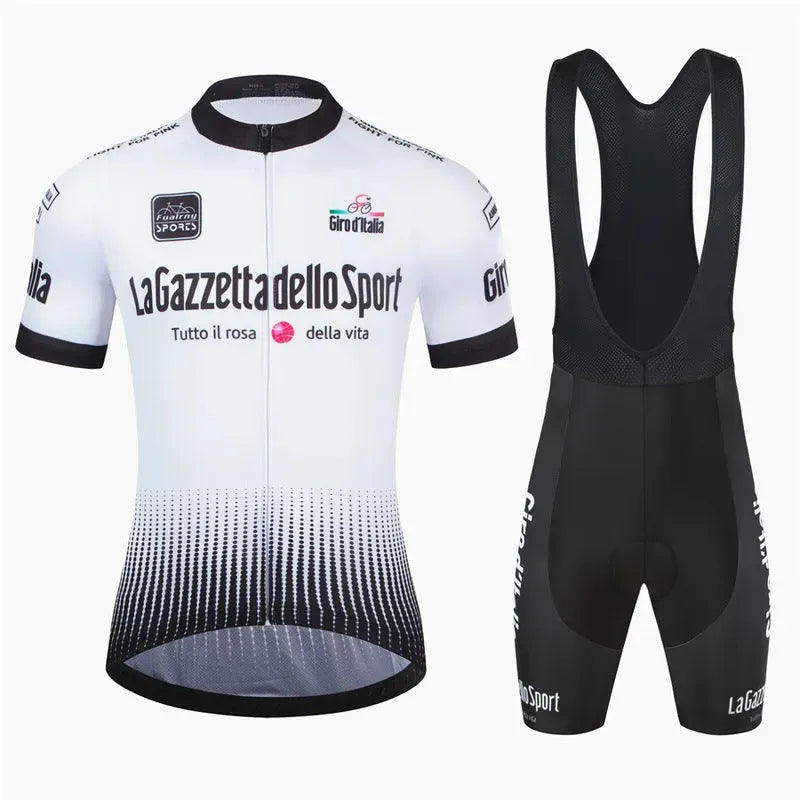 Cycling jersey and shorts set in polyester fabric for men and women, shown in available colours.