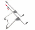 Grey aluminium alloy and plastic stand holding a mobile phone and a laptop.