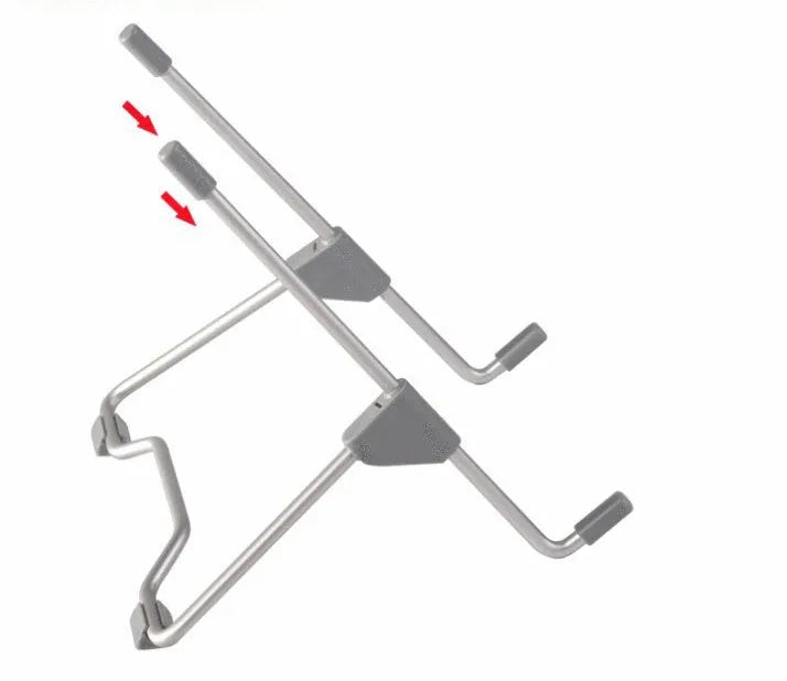 Grey aluminium alloy and plastic stand holding a mobile phone and a laptop.
