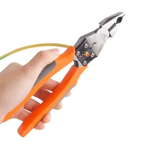 Orange 9-inch multi-function wire cutter pliers with chrome steel head and textured PVC handles.