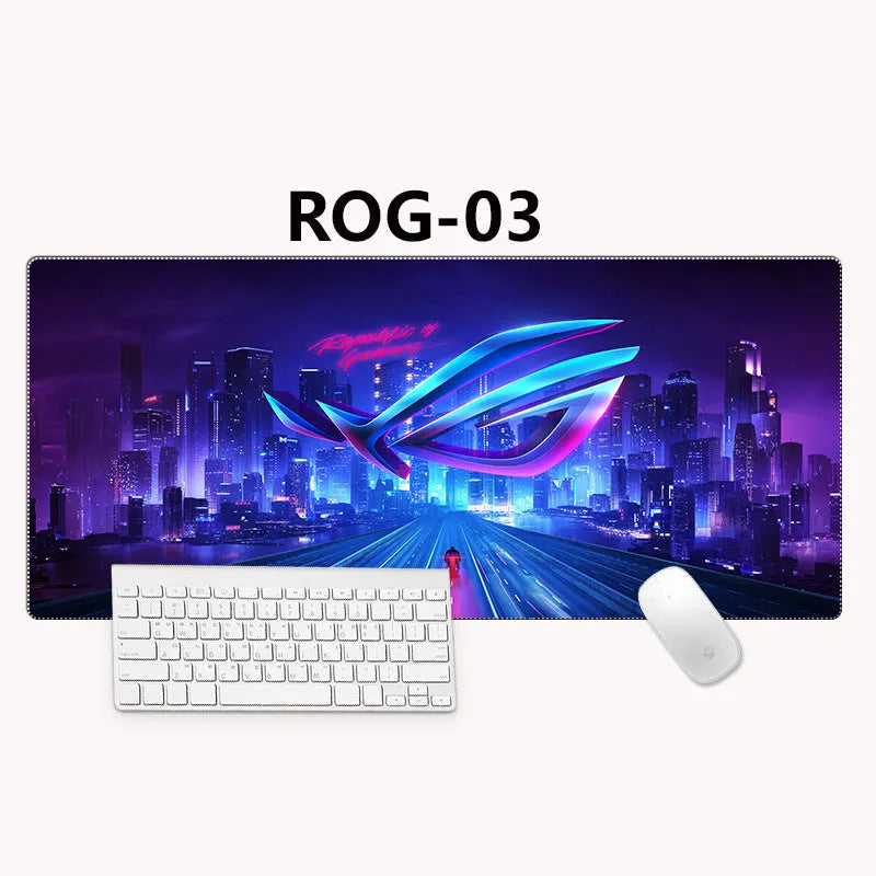 Large 800x300mm desk mouse pad with natural rubber base and Jiaji cloth surface in ROG anime style