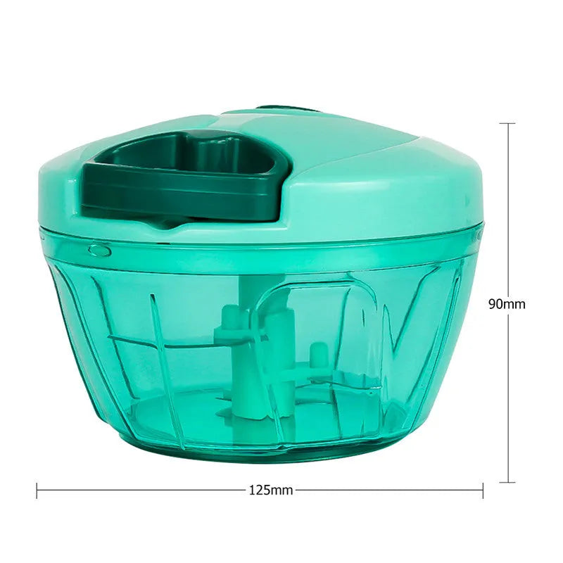 Green manual kitchen chopper with three stainless steel blades and a 500ml clear container.