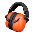 Orange noise-reducing headphones with adjustable elastic headband and breathable fabric ear cushions