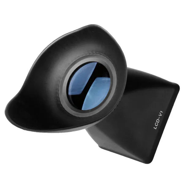 Black camera LCD viewfinder with magnification lens mounted on a DSLR camera.