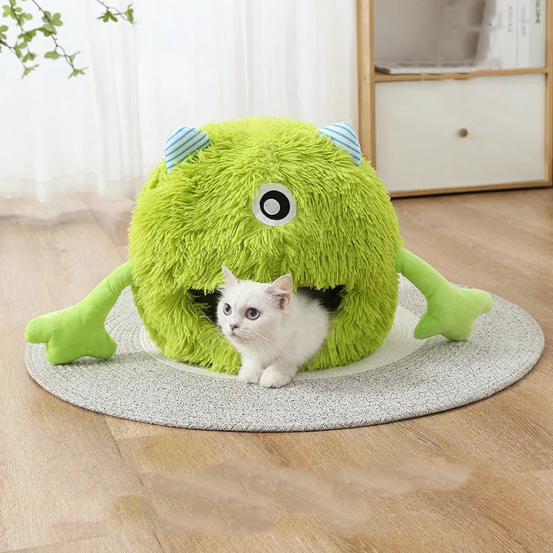 Round fluffy cat bed with non-slip bottom in three size options