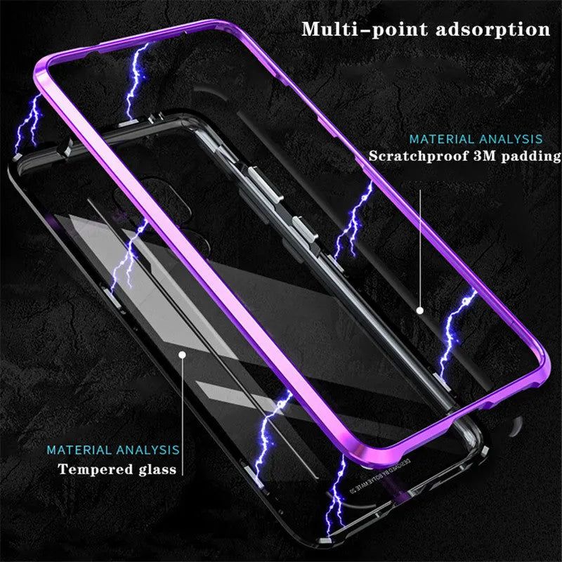 Magnetic phone case with metal frame and tempered glass back in multiple colours