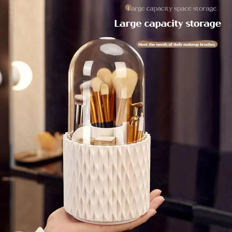 Transparent rotating makeup brush storage box with white accents and removable dust-protecting lid