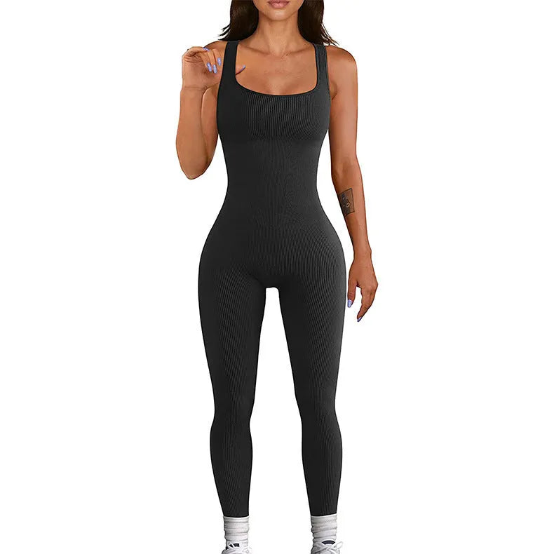 Women's long sleeve suspender tank top tights in spandex fabric on a hanger.