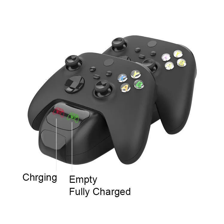 Black Xbox Series X controller charging dock with two controllers on charging station showing LED indicators