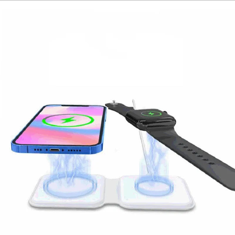 White folding magnetic wireless charging dock showing dual charging surfaces and adjustable stand