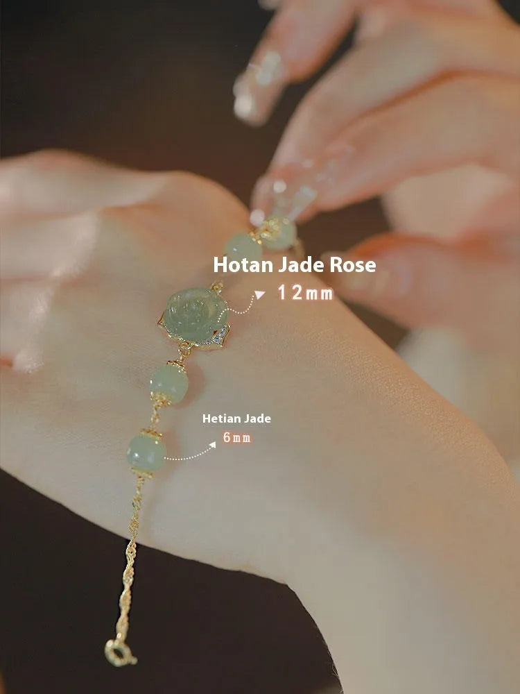 Handcrafted Hetian jade rose 14K gilded women's bracelet in flower shape with literature style