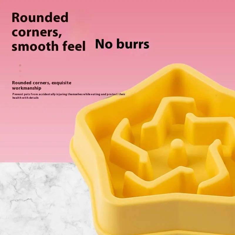 Yellow plastic dog slow feeding bowl with rough bottom pattern, 20.1cm diameter, isolated on white background