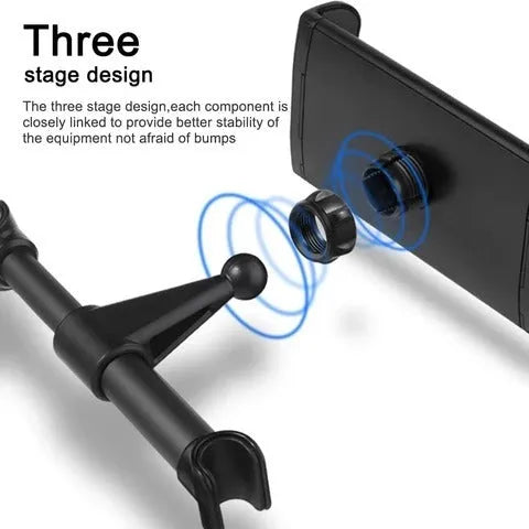 Black car phone holder with rear seat base mount for tablets and smartphones