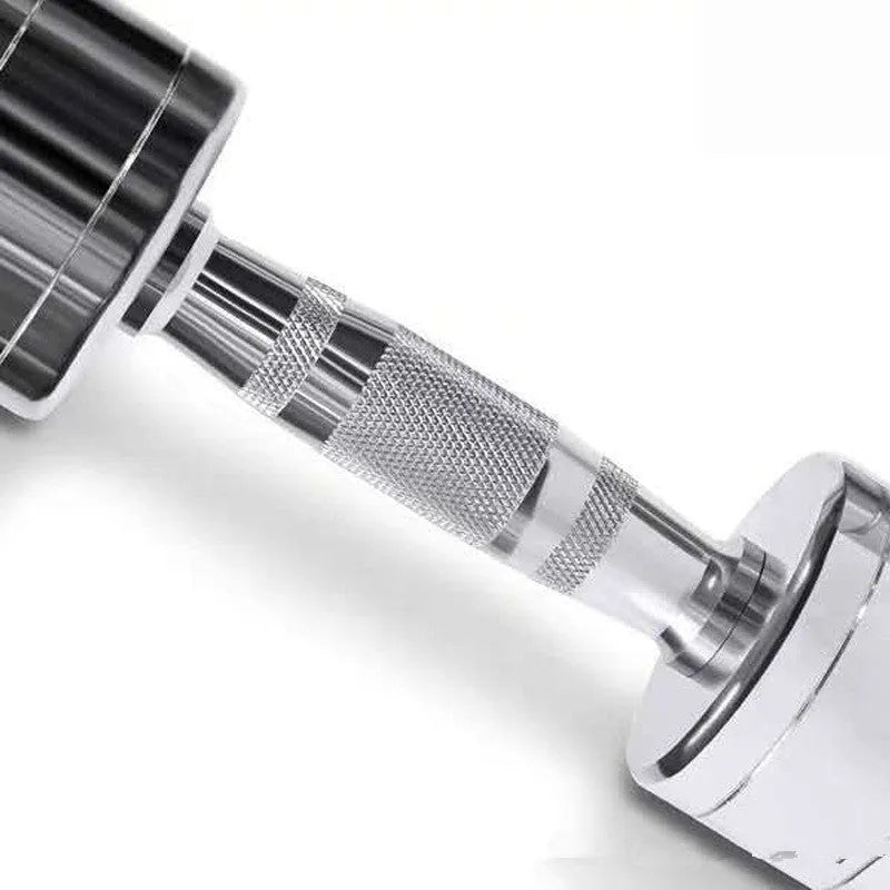 Silver pure steel electroplated dumbbell with ergonomic handle showing weight options