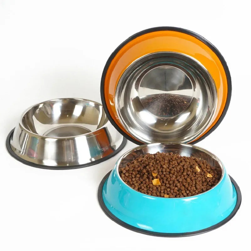 Stainless steel pet bowl inside a colourful melamine pot with a non-slip rubber ring base.