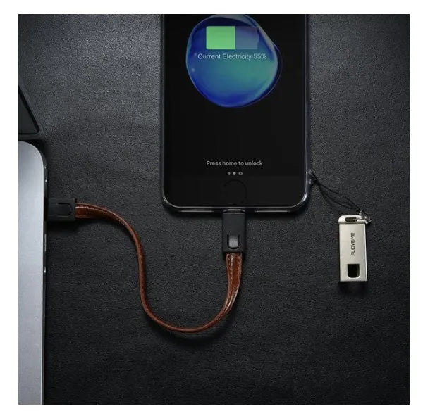 Leather USB charging cable with Lightning connector for iPhone, 20cm length, available in black