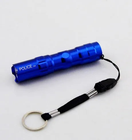 Aluminium alloy mini LED flashlight measuring 9.5cm long, available in black, blue, or red colours