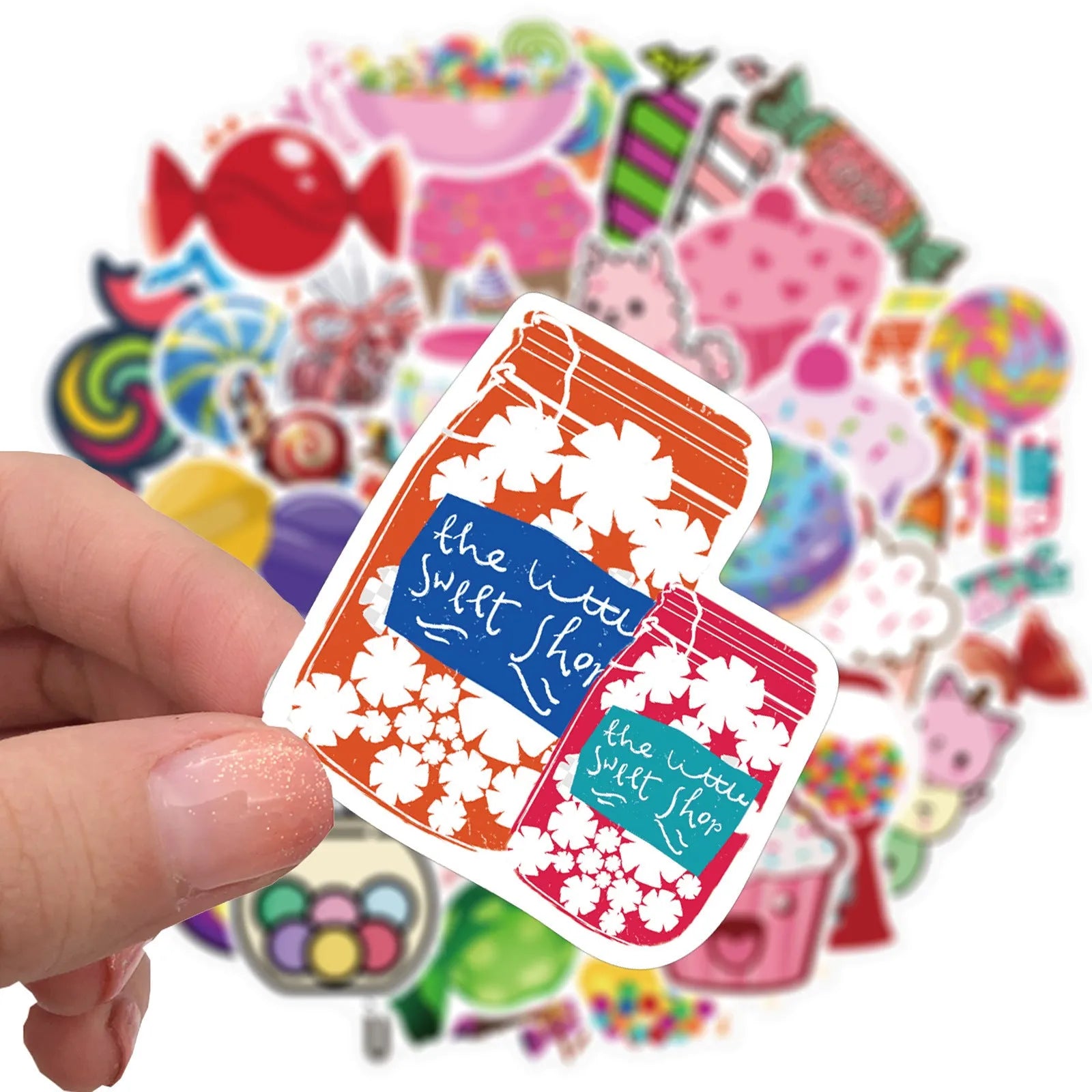 50 colourful candy series graffiti stickers with cartoon designs on sheets