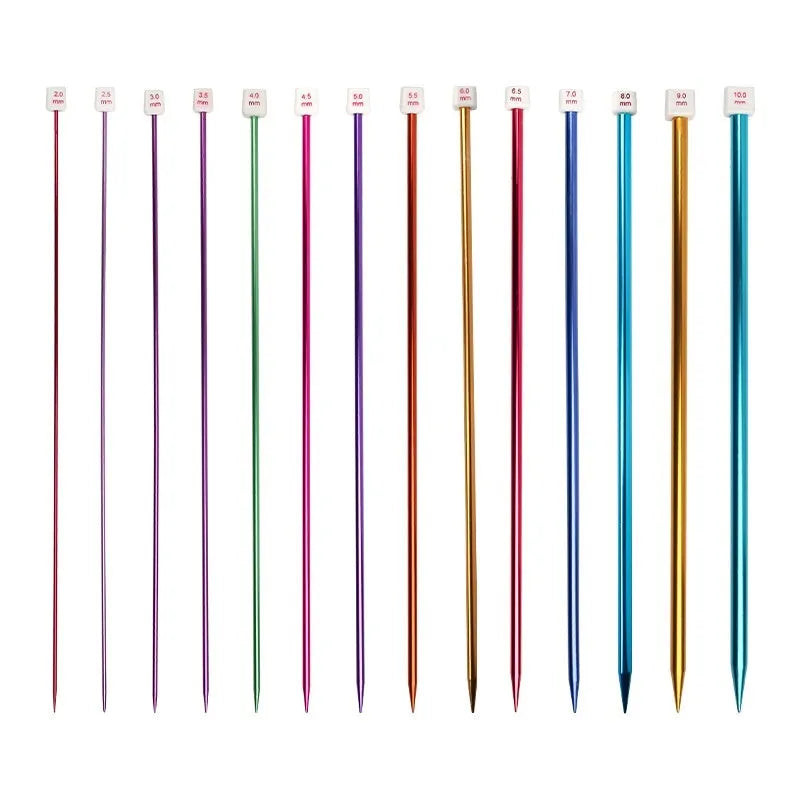 Set of lengthened crochet hooks in thirteen sizes from 2.0mm to 10.0mm, each with a protective end cap.