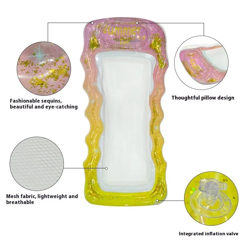 PVC thick sequins wave inflatable floating row in gradient colours with mesh deck chair design
