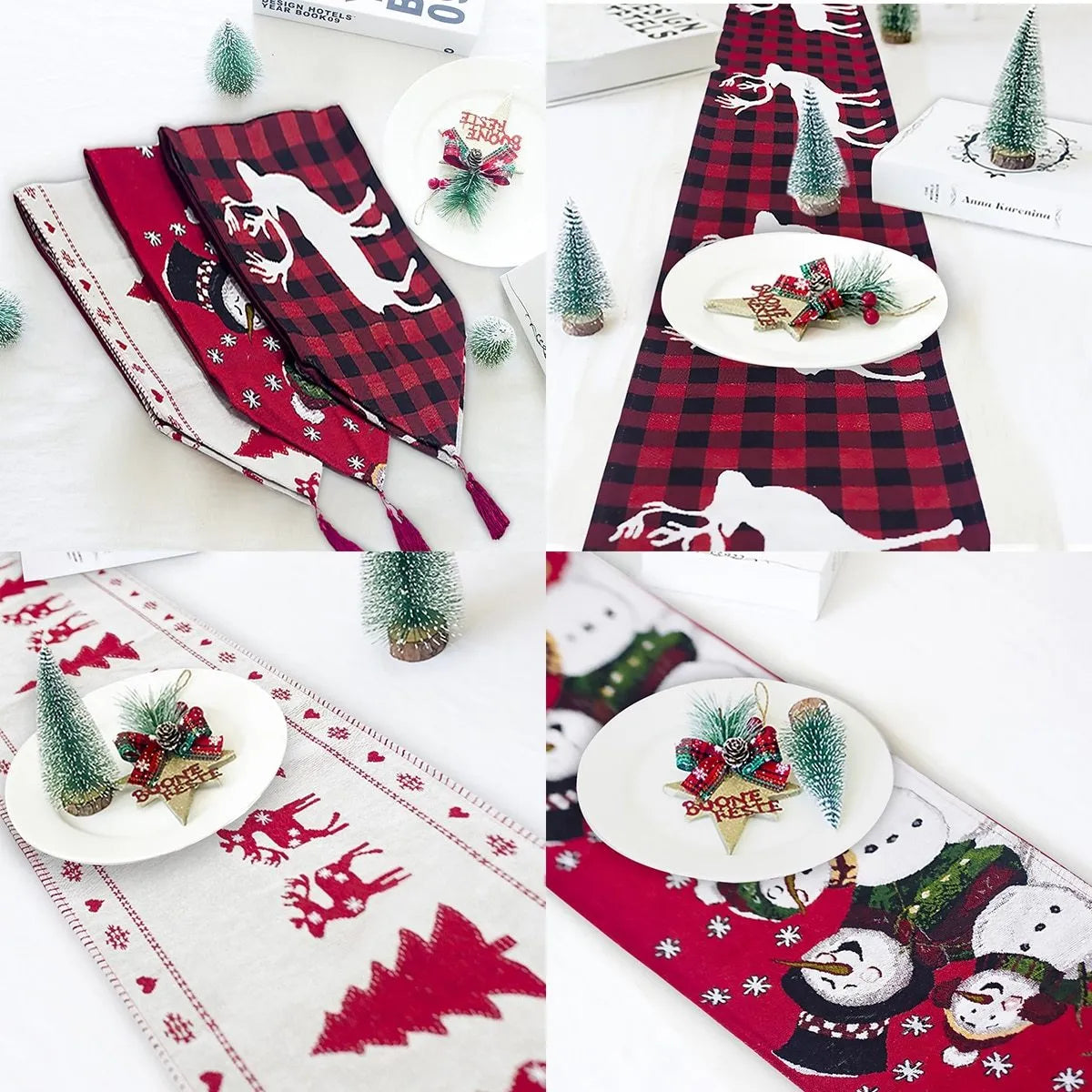 Cotton linen Christmas table runner 35x180cm with elk and snowman print for holiday dining