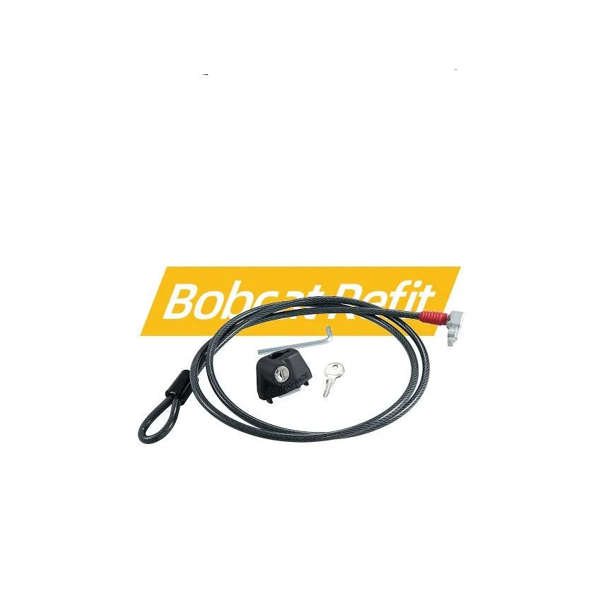 Plastic-sheathed steel cable fixed lock for securing equipment on a vehicle roof platform.