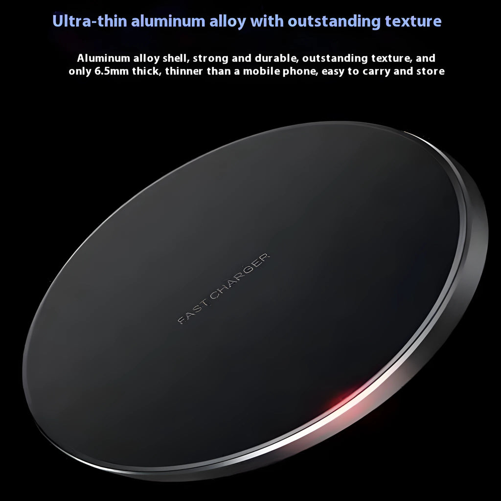 Black frosted 15W wireless charger for mobile phones with Type-C cable on a desk