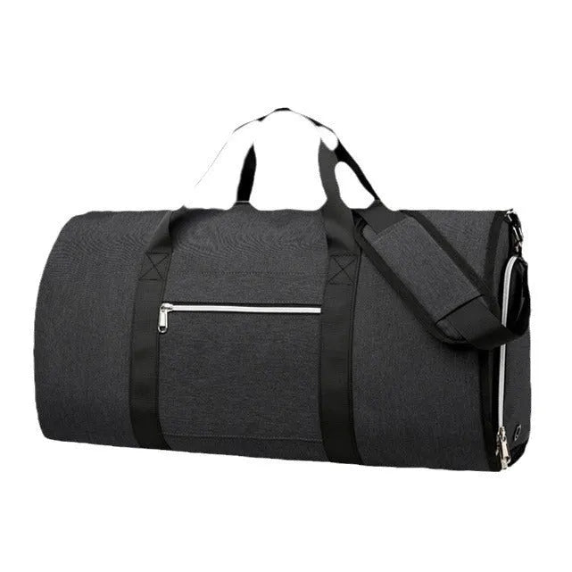 Grey Oxford cloth sports bag showing dry wet separation compartments and expansion function.