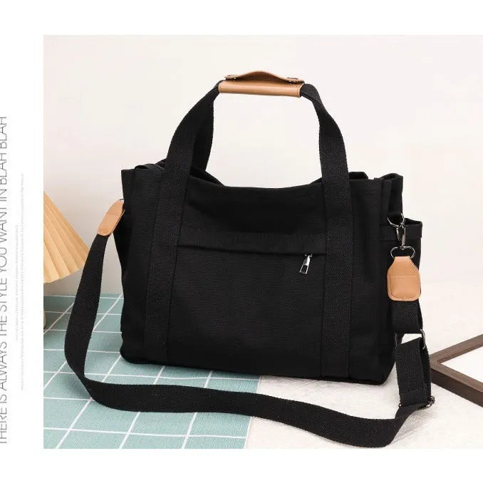 Large capacity canvas tote bag for women with zipper closure, horizontal square shape, in khaki colour