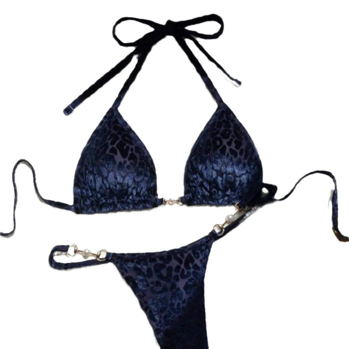 Blue leopard print women's T-shaped swimsuit bikini with spandex on a mannequin.