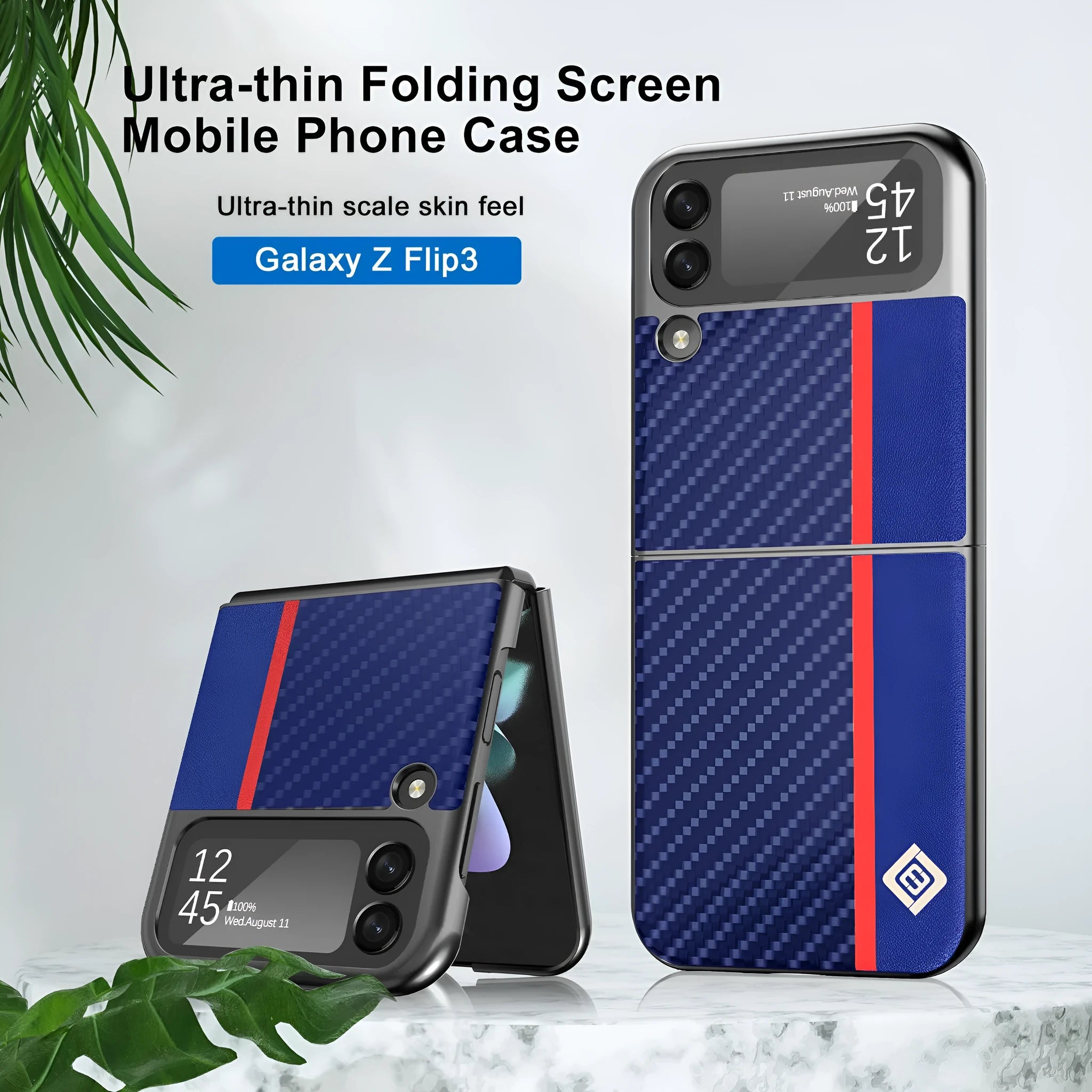 Fashion carbon fibre phone case for Samsung ZFLIP3 ZFLIP4 Zflip5 in black and blue leather finish