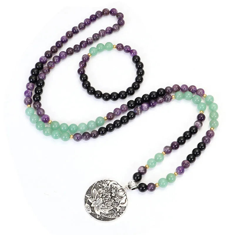 Yoga lotus pendant necklace with adjustable chain and matching bracelet set