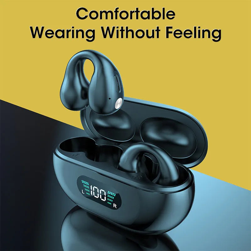 Black bone conduction Bluetooth headset clip shown on a colour box.