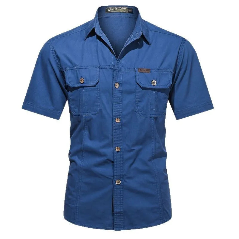 Men's short sleeve cotton work shirt in a loose cardigan style, shown in one of eight available colours.