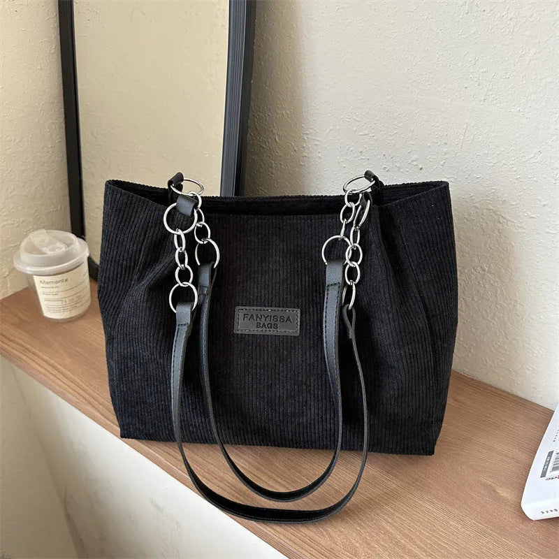 New corduroy one-shoulder tote large capacity handbag for women in brown with three-dimensional pocket