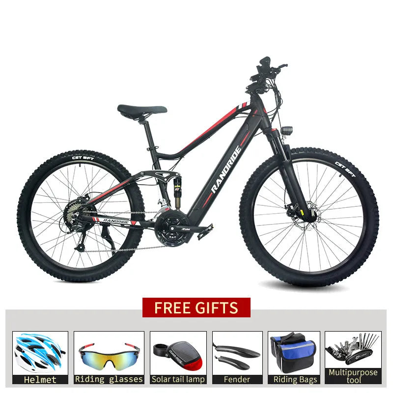 Black red electric mountain bike with full suspension, 27.5 inch wheels, and 750W motor on a dirt trail
