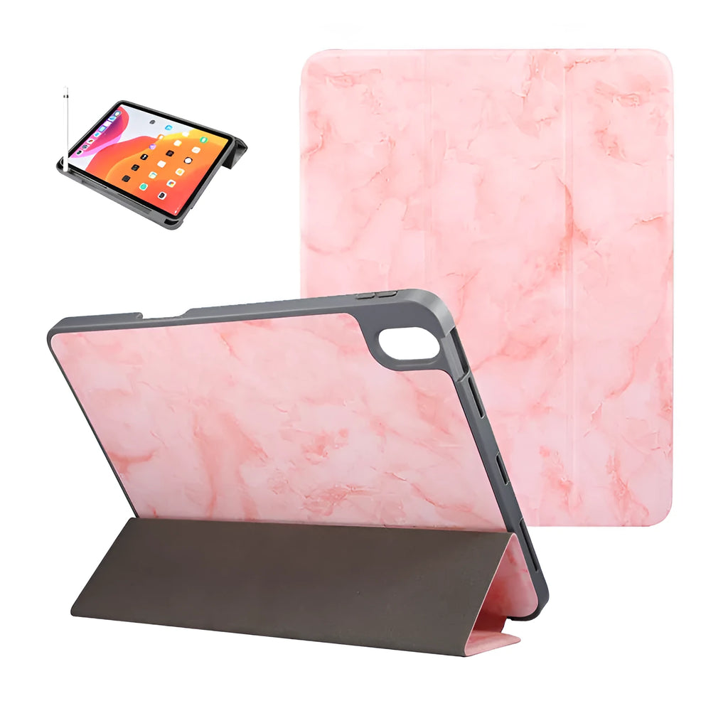Tri-fold imitation leather iPad case in dark gray, showing pen slot and stand function.