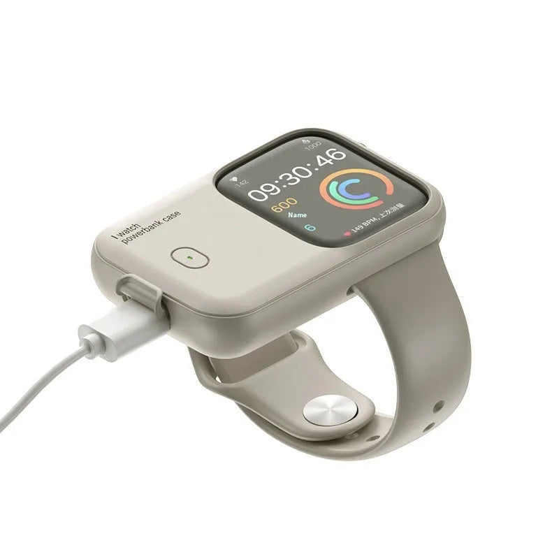 Apple Watch portable wireless charging case with silicone cover, shown next to 44mm watch