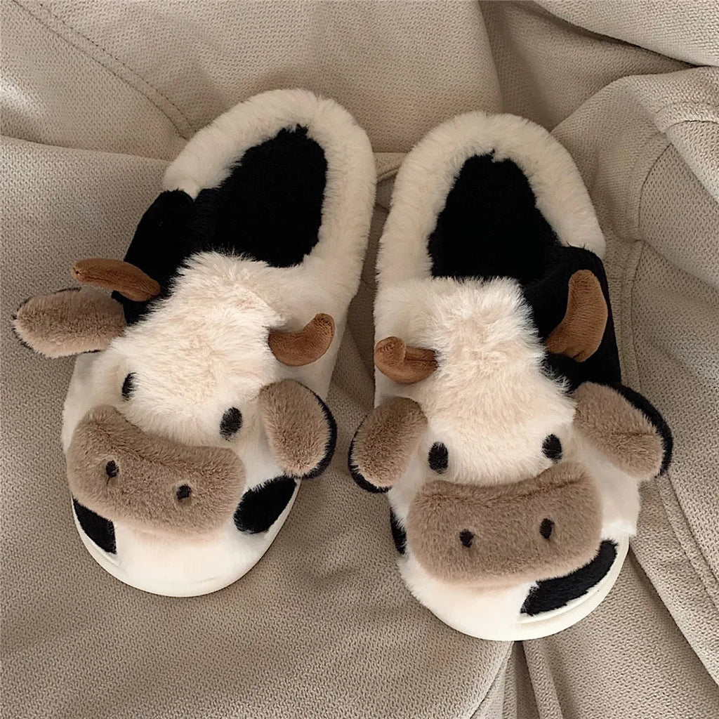 White cow print plush slippers for women with non-slip textured soles