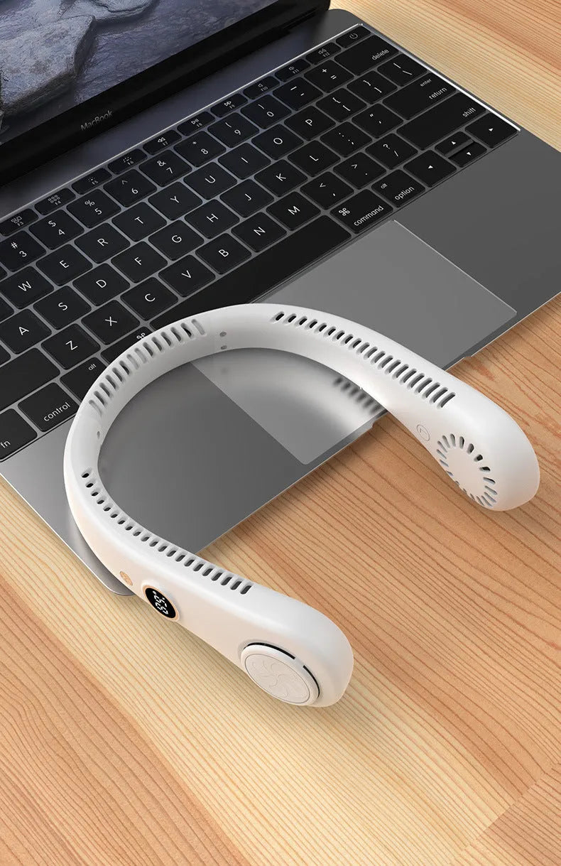 Pink USB rechargeable bladeless neck fan worn around neck, showing flexible band and air vents.