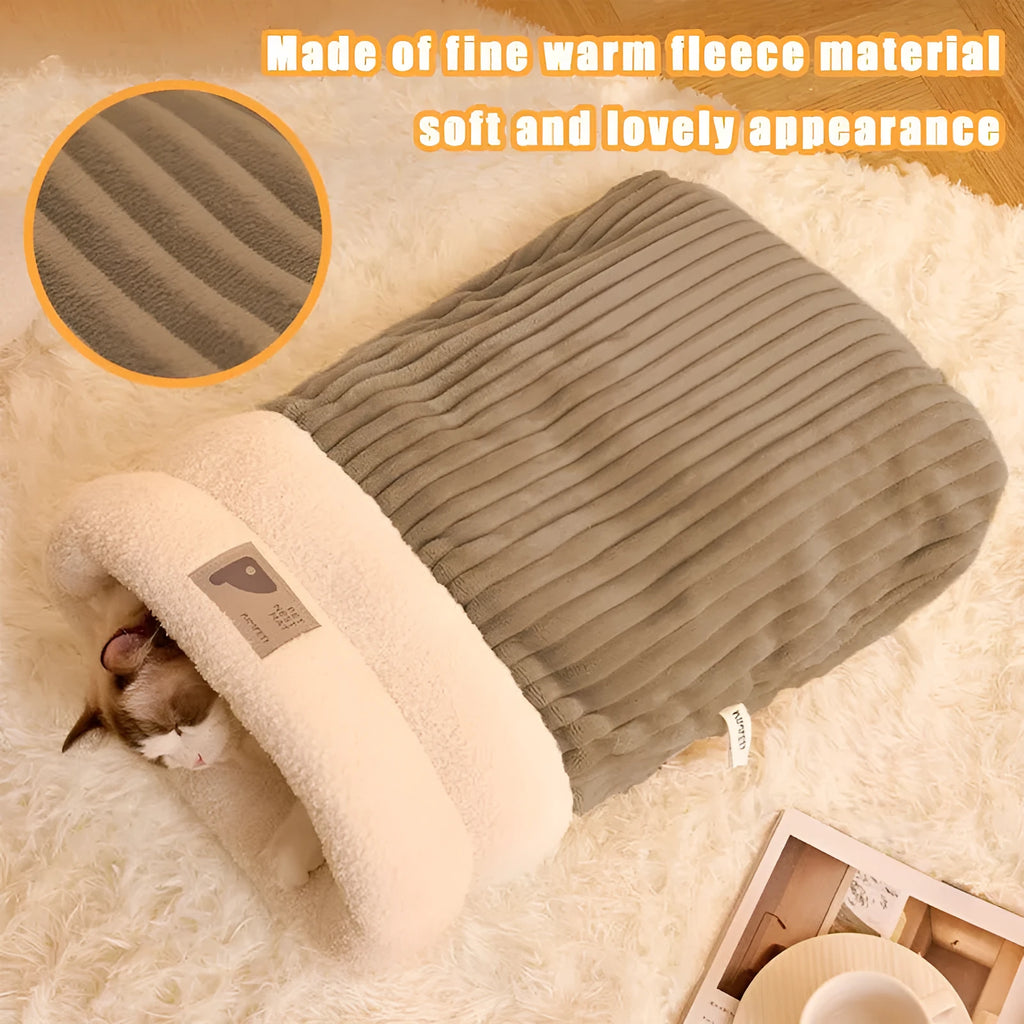Soft plush semi-enclosed cat sleeping bag in brown with three-layer thickened design for winter warmth