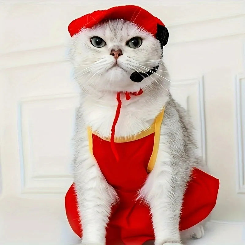 Handmade white cotton chef hat and matching knitted sweater for small to medium cats and dogs