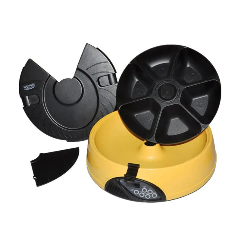 Pet automatic feeder with 6 slots, voice recorder, ABS plastic, 330ml capacity, yellow colour option