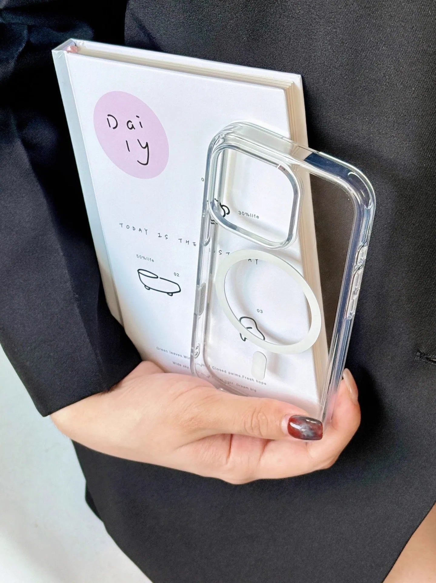 Transparent magnetic phone case with photo capacitor button for iPhone 16 series, back cover view