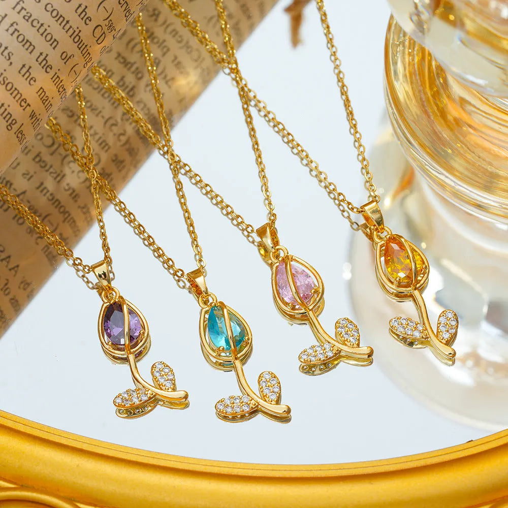 Zircon tulip necklace for women with flower pendant on adjustable chain in gold colour options