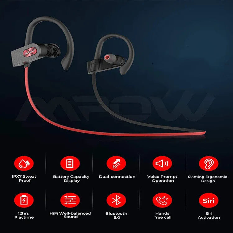 Red hanging ear Bluetooth headset resting on ear with wireless design