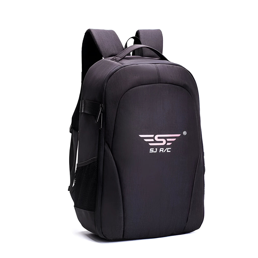 Black oxford cloth drone backpack showing laptop compartment and internal organisation pockets